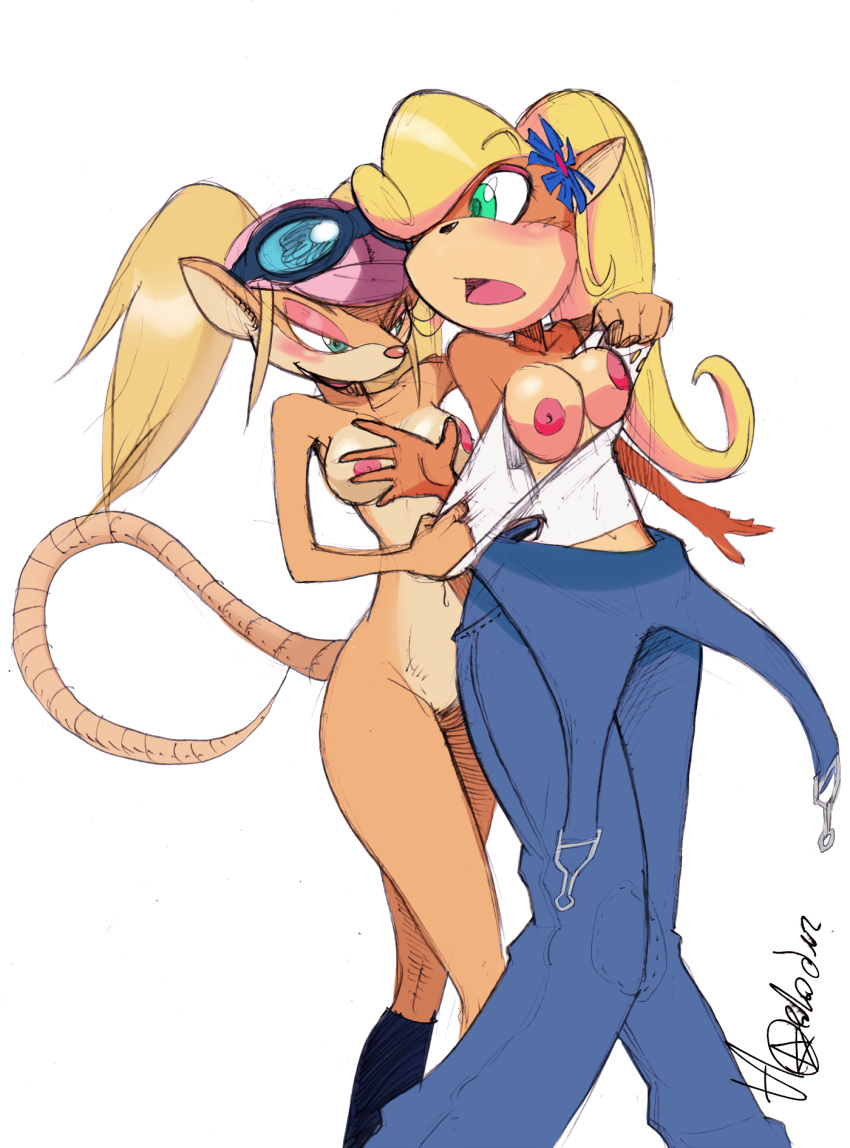 activision anthro assisted_exposure blonde_hair blush clothing coco_bandicoot crash_bandicoot_(series) female female/female green_eyes hair hi_res horlod long_hair nipples nude overalls pasadena_o'possum pigtails ponytail questionable_consent simple_background tearing_clothing torn_clothing undressing video_games white_background