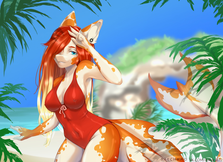 2019 5_fingers anthro artist_name beach big_breasts biped blue_eyes blue_sky breasts clothing crotch_lines day detailed_background digital_drawing_(artwork) digital_media_(artwork) ear_piercing eyebrows female fin fingers fish gradient_hair hair hi_res humanoid_hands lanhai long_hair long_tail looking_at_viewer marine markings multicolored_body navel nipple_outline one-piece_swimsuit orange_markings orange_spots outside piercing plant portrait prick_ears raised_arm red_clothing red_hair red_one-piece_swimsuit red_swimwear sea seaside shark sky smile smiling_at_viewer solo spots spotted_body swimwear tail_fin text thick_tail three-quarter_portrait two_tone_body url water white_body