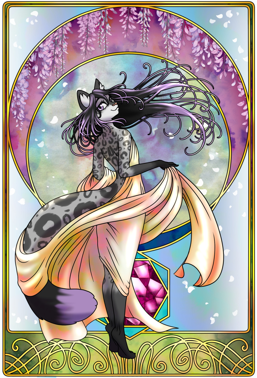 4322chan anthro art_nouveau black_hair card clothed clothing detailed_background felid female flower flower_petals fur grey_body grey_fur hair hi_res leopard_spots looking_at_viewer looking_back mammal multicolored_hair pantherine partially_clothed petals plant purple_body purple_eyes purple_fur snow_leopard solo spots spotted_body spotted_fur tarot_card two_tone_hair