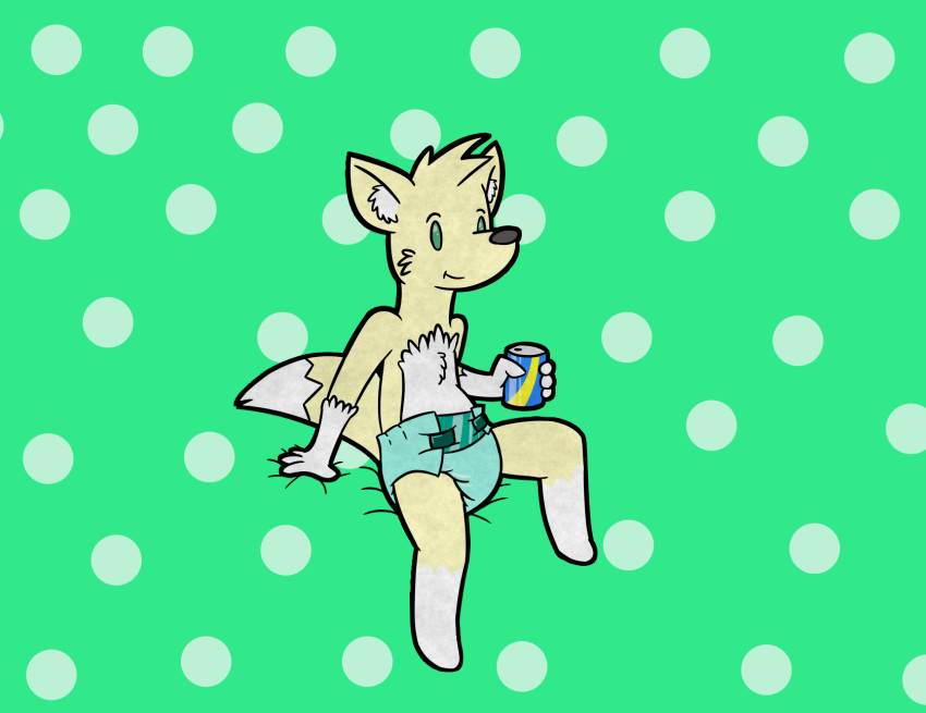 anthro canid canine diaper fox fur green_diaper hi_res male mammal padding ritzcat simple_background sitting solo yellow_body yellow_fur young