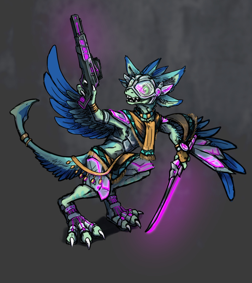 4_ears absurd_res anthro armor avali avali_(original) blue_body blue_feathers clothing countershading dewclaw digitigrade feathered_crest feathered_wings feathers female fishyboner green_body green_eyes gun head_crest hi_res laser_sword luvashi multi_ear ranged_weapon science_fiction solo visor weapon winged_arms wings