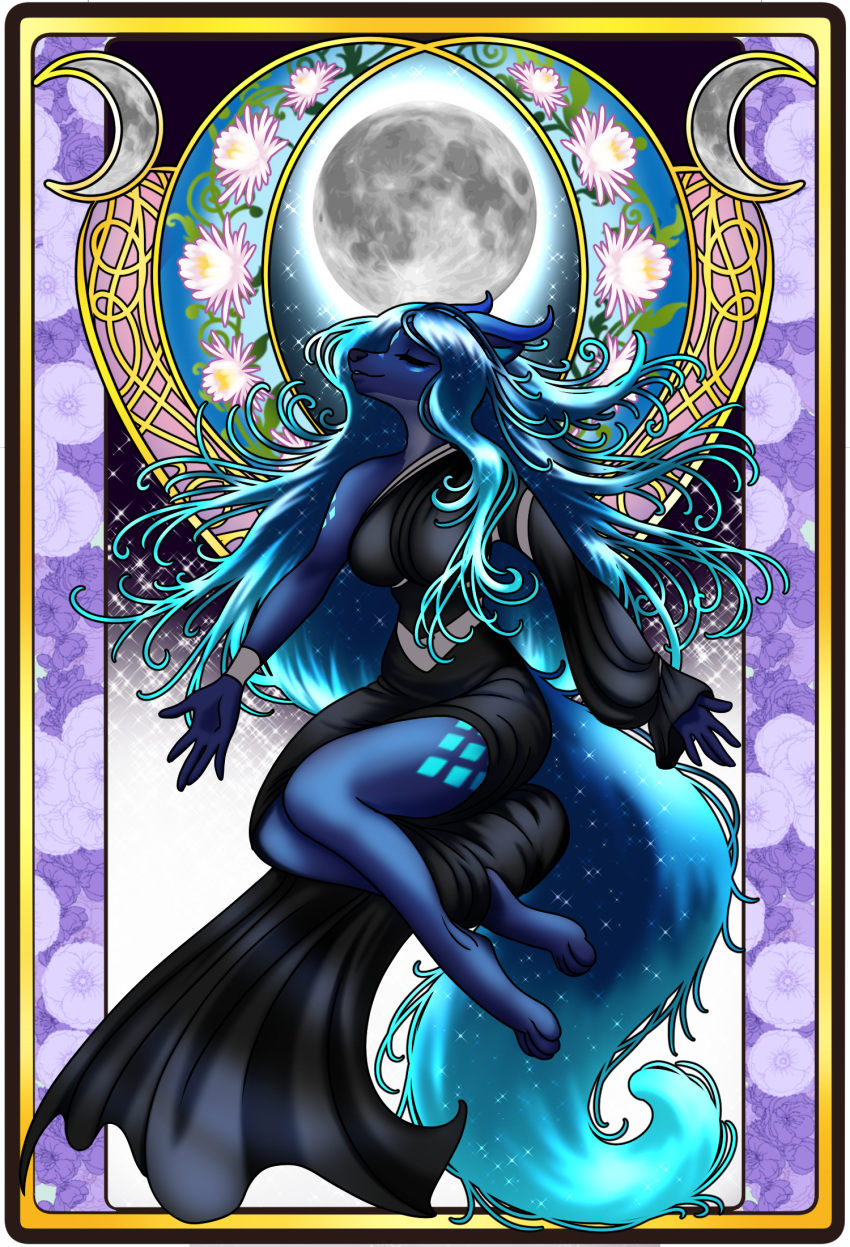 4322chan anthro art_nouveau black_clothing blue_body blue_hair canid canine canis card clothed clothing detailed_background dress eyes_closed female floating hair hi_res hybrid light mammal moon moonlight nyx_(icebounde) solo sparkles tarot_card wolf
