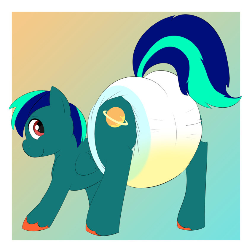 1:1 anthro bodily_fluids butt diaper equid equine genital_fluids hair happy hasbro hi_res horse imces looking_back male mammal multicolored_hair my_little_pony padding pony red_eyes sagging sagging_diaper saggy smile soggy_diaper solo two_tone_hair urine wet wet_diaper wetting wetting_diaper white_diaper