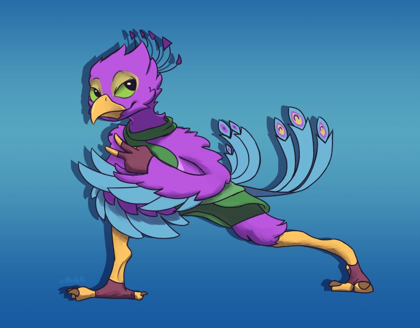 anthro avian beak biped bird bird_feet blue_body clothing feathered_crest feathered_wings feathers galliform gesture green_eyes gyro_feather head_crest hi_res lunging macehello male peafowl phasianid pink_body scarf solo tail_feathers v_sign winged_arms wings