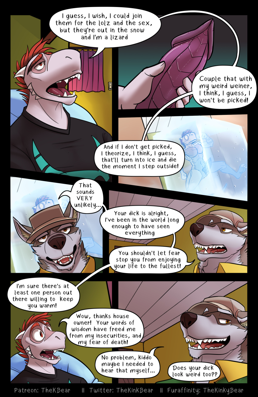 absurd_res anthro canid canine canis clothing coach_dale comic detailed_background dialogue duo english_text frozen genitals hat headgear headwear hi_res horn lizard male mammal open_mouth penis reptile ridged_penis scalie shirt skull_lizard t-shirt text thekinkybear topwear wolf