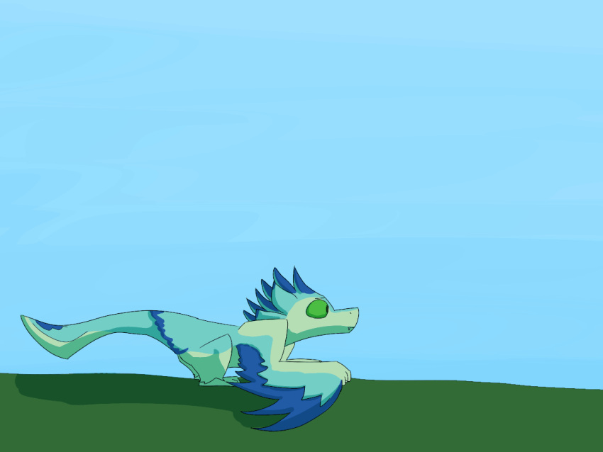 4:3 4_ears animated anthro avali avali_(original) blue_body blue_feathers countershading dewclaw digitigrade falling feathered_crest feathered_wings feathers female green_body green_eyes gyrotech head_crest input-command luvashi multi_ear oops short_playtime winged_arms wings