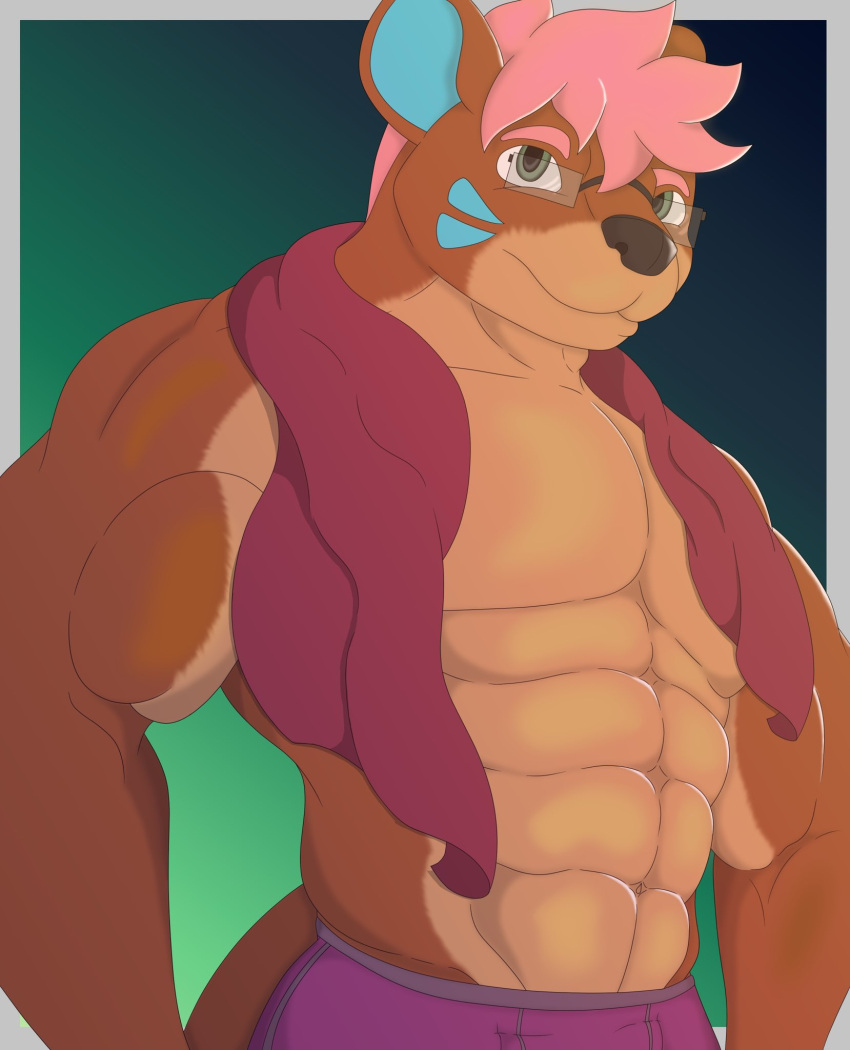 abs anthro antonio_otter barazoku biceps brown_body brown_fur clothing fur green_eyes hair hi_res lutrine male mammal muscular muscular_male mustelid pecs pink_hair shirtless shirtless_male solo tan_body tan_fur underwear