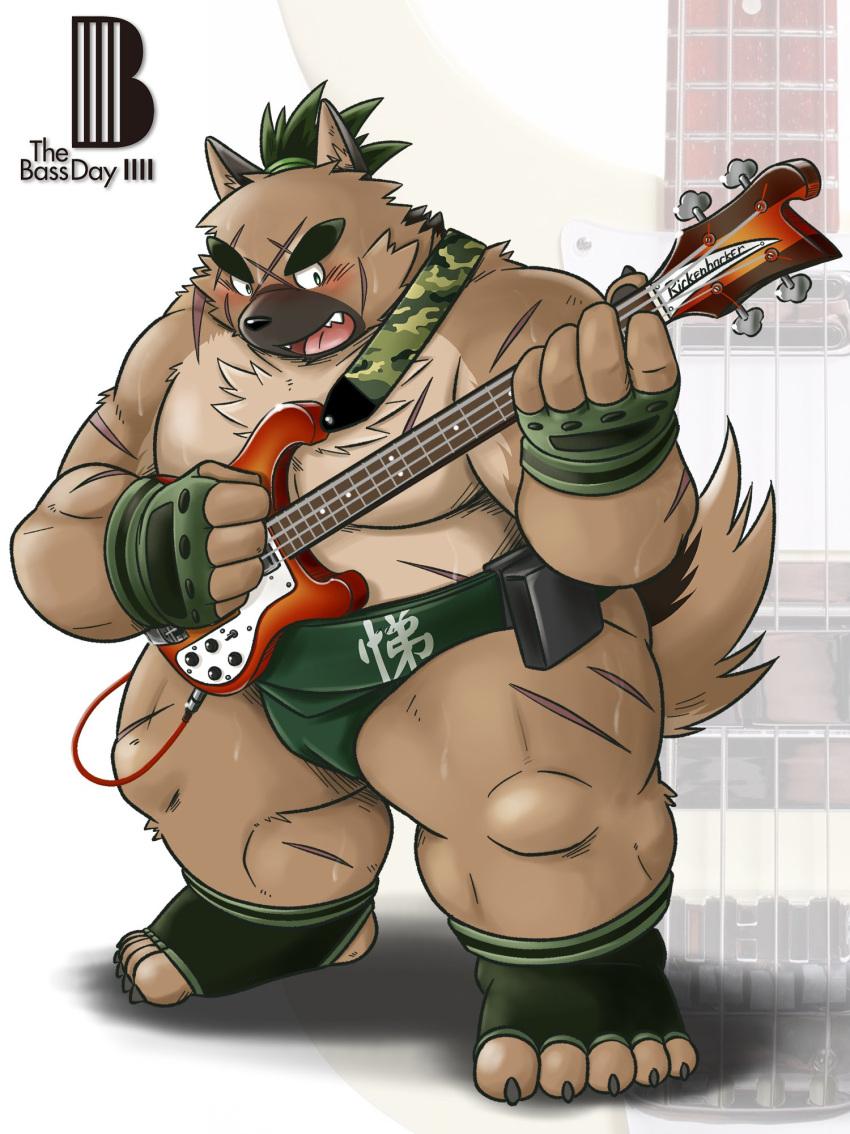 2021 anthro belly blush bodily_fluids brown_body brown_fur canid canine canis domestic_dog fur hi_res humanoid_hands kemono lifewonders male mammal mind_drive mizuse_higomaru moobs musical_instrument nipples overweight overweight_anthro overweight_male scar solo sweat tokyo_afterschool_summoners video_games yasuyori