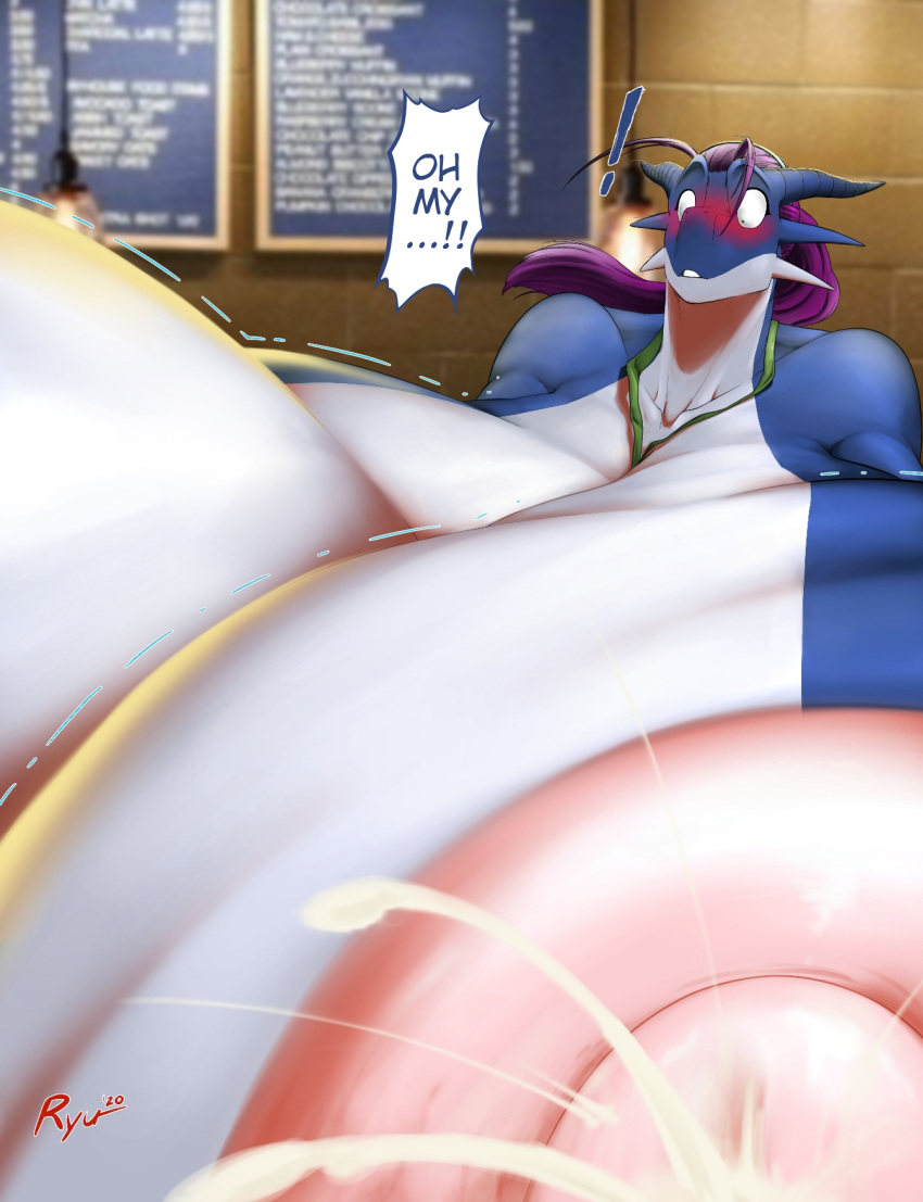amelia_(ryuakira) anthro big_breasts blue_body blush bodily_fluids breast_expansion breasts dragon expansion female hi_res horn huge_breasts hyper hyper_breasts lactating multicolored_body reptile ryuakira scalie solo two_tone_body white_body wingless_dragon