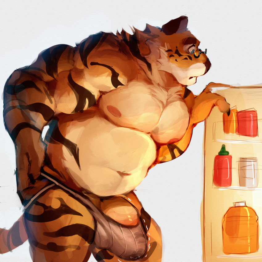 1:1 2021 absurd_res anthro appliance barely_contained biceps big_penis blue_eyes brown_body brown_fur brown_stripes casual_exposure claws clothed clothing digital_media_(artwork) digital_painting_(artwork) eyewear felid finger_claws fridge fur genitals glasses hand_on_hip hi_res jockstrap jockstrap_only kitchen_appliance male mammal mature_anthro mature_male musclegut muscular muscular_anthro muscular_male navel nipples o_reowoof orange_body orange_fur pantherine pecs penis simple_background solo striped_body striped_fur stripes tan_body tan_fur thick_penis throbbing_penis tiger underwear underwear_only white_background