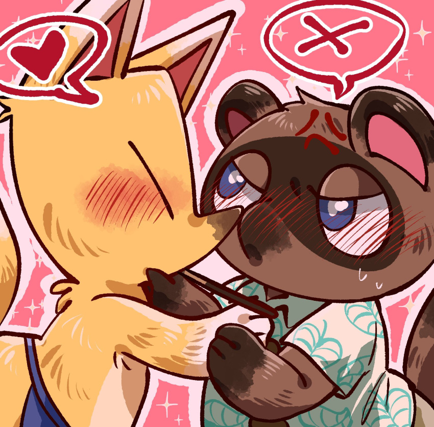 angry animal_crossing anthro blue_eyes blush canid canine crazy_redd duo embarrassed food fox hi_res male male/male mammal nintendo pocky pocky_day pocky_game pocky_in_mouth raccoon_dog shandrawaka tanuki tom_nook_(animal_crossing) video_games