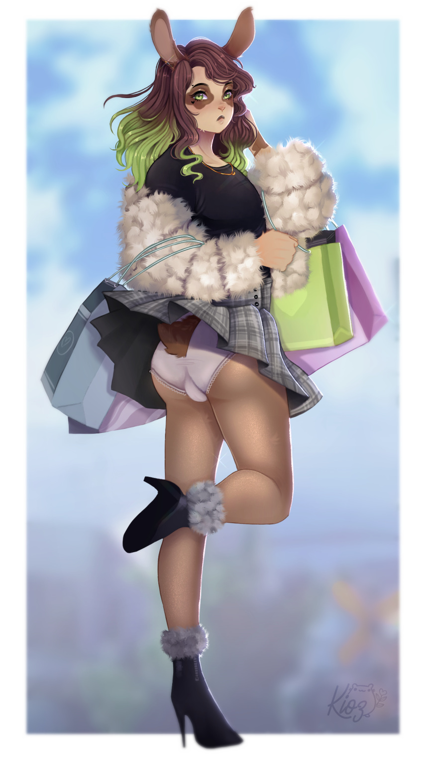 anthro background_sky bag biped bottomwear brown_body brown_fur brown_hair brown_skin bulge butt clothed clothing colored crossdressing detailed detailed_background digital_drawing_(artwork) digital_media_(artwork) ear_piercing eyelashes fluffy fluffy_jacket fur girly green_eyes green_hair hair heart_marking hi_res high_heels highlights_(coloring) holding_bag holding_object kiozart lagomorph leporid lips long_hair looking_at_viewer male mammal markings on_one_leg panties piercing rabbit rear_view sandry_vallheim shaded shirt shopping shopping_bag signature skirt solo standing tan_body tan_fur tan_skin topwear trans_(lore) trans_woman_(lore) underwear upskirt watermark wavy_hair