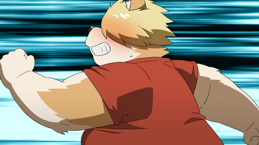 16:9 2021 anthro belly black_nose brown_body brown_fur canid canine canis clothing domestic_dog fur hair_over_eyes hi_res humanoid_hands kemono male mammal nikiciy overweight overweight_male running shirt solo topwear widescreen