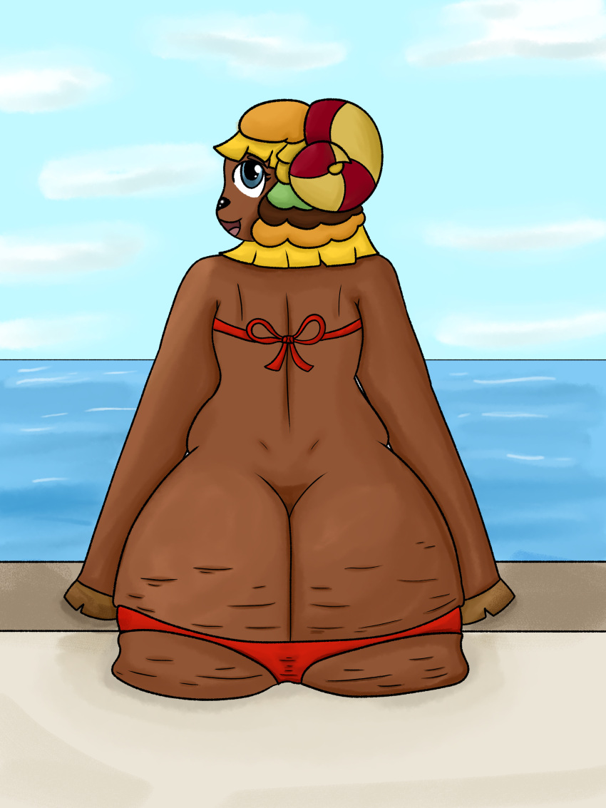 3:4 absurd_res animal_crossing anthro big_butt bovid bovine butt caprine cellulite chubby_female clothing fat_butt female frita_(animal_crossing) hi_res lewdmat13 mammal nintendo overweight overweight_female sheep solo swimwear video_games wardrobe_malfunction