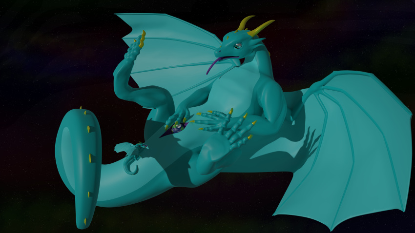 16:9 3d_(artwork) 4_toes absurd_res anal anal_vore blue_body blue_eyes claws digital_media_(artwork) dragon duo feet female feral giga hi_res horn huge_filesize lying macro nystemy_(artist) nystemy_(character) on_back oral paw_on_stomach planet quadruped raytraced rimming sex sitting_on_tail size_difference space toes tongue tongue_out unbirthing vaginal vore widescreen wings yellow_claws yellow_horn