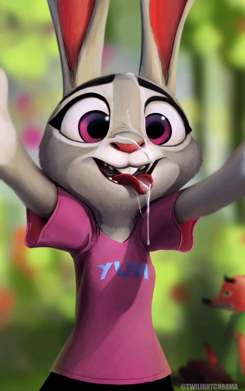 anthro bodily_fluids clothed clothing cum cum_in_mouth cum_inside cum_on_face digital_media_(artwork) disney female fur genital_fluids genitals grey_body hi_res judy_hopps lagomorph leporid looking_at_viewer mammal nick_wilde open_mouth penis purple_eyes rabbit selfie simple_background smile solo tongue twilightchroma zootopia