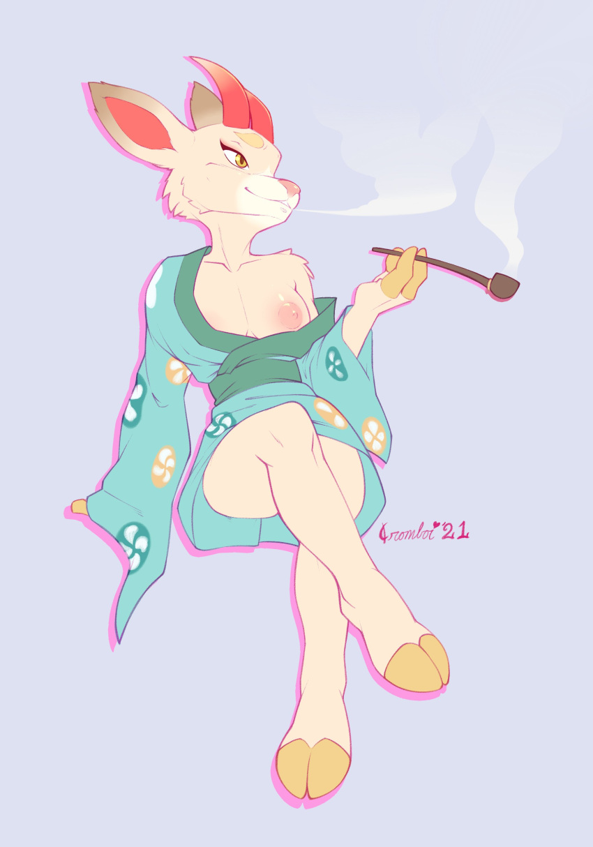 2021 absurd_res animal_crossing anthro asian_clothing cervid clothed clothing crombie digital_media_(artwork) east_asian_clothing female hi_res hooves horn japanese_clothing kimono mammal nintendo nipples off_shoulder shino_(animal_crossing) smoking smoking_pipe solo video_games