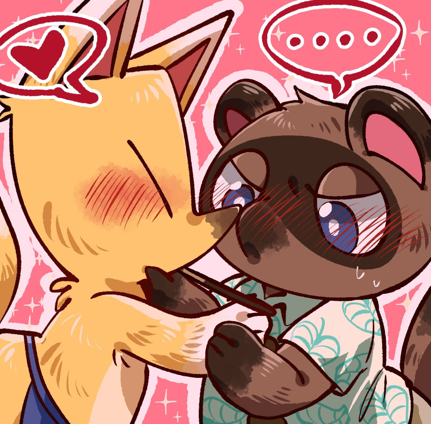 angry animal_crossing anthro blue_eyes blush canid canine crazy_redd duo embarrassed food fox hi_res male male/male mammal nintendo pocky pocky_day pocky_game pocky_in_mouth raccoon_dog shandrawaka tanuki tom_nook_(animal_crossing) video_games