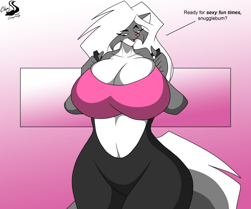 6:5 absurd_res anthro breasts cjshadorunner cleavage clothed clothing dialogue english_text female hair hi_res kelsey_sienna mammal mephitid skunk solo text