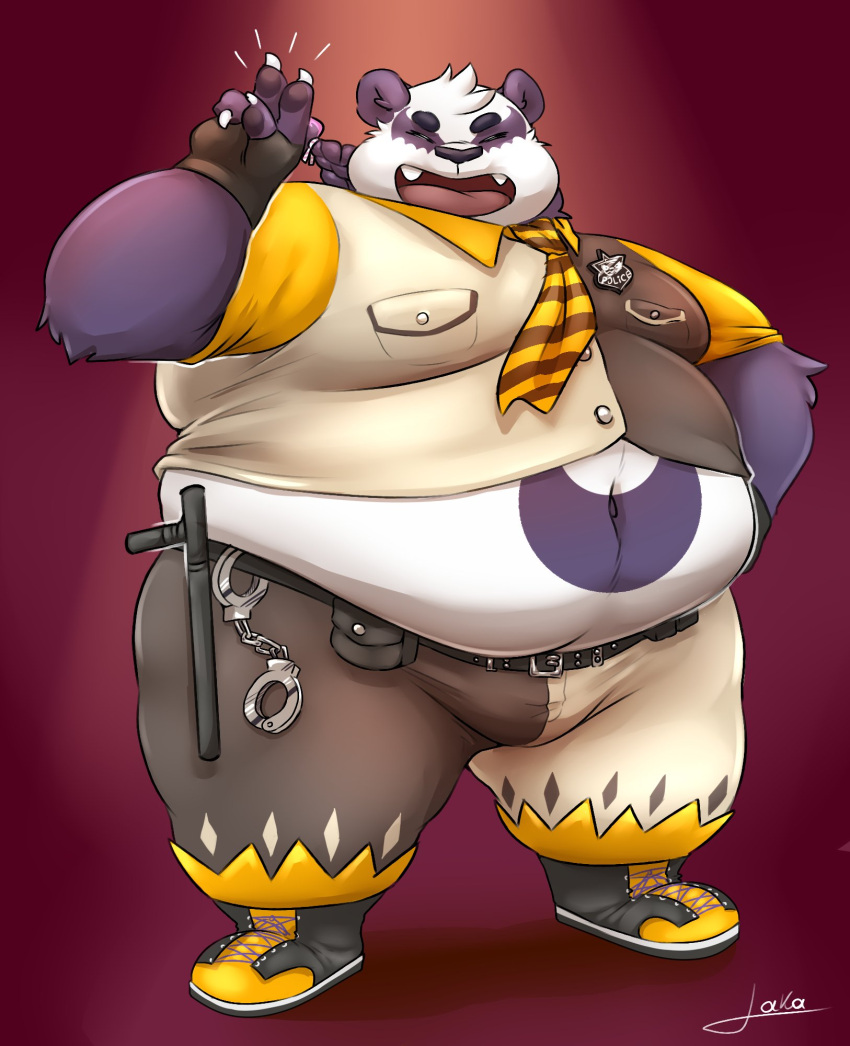2021 alp_(tas) anthro belly black_nose bottomwear clothed clothing fully_clothed giant_panda hi_res kemono lakalando lifewonders male mammal navel obese obese_male overweight overweight_male pants police police_badge police_uniform purple_body shirt simple_background solo tokyo_afterschool_summoners topwear uniform ursid video_games white_body
