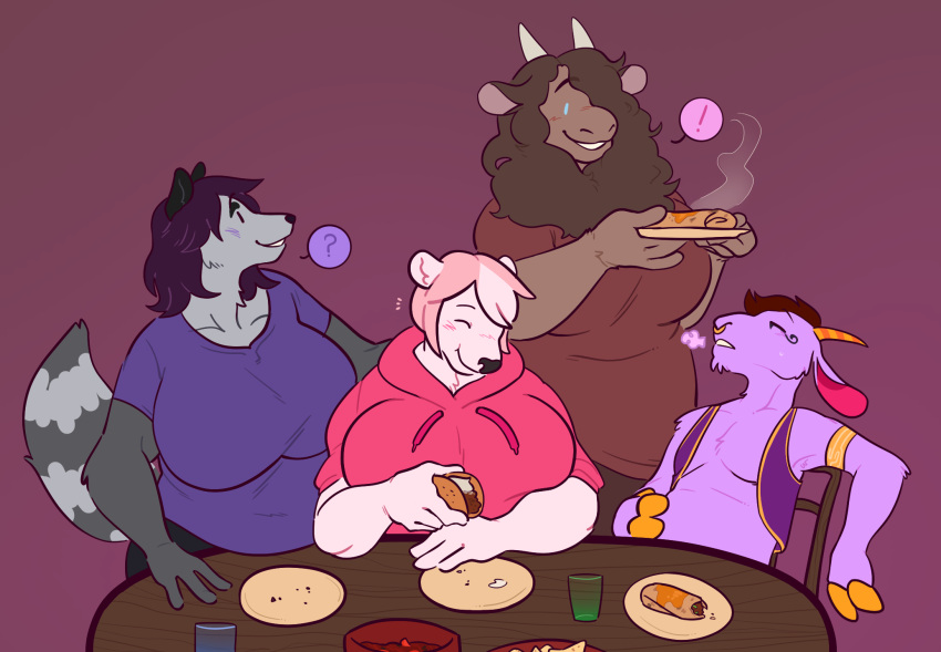 ! 2_horns ? anthro armband belly big_belly big_breasts bovid bovine breast_squish breasts brown_body brown_hair brown_skin burrito caprine cattle clothed clothing colored cooking danny_(lepidusdelsol)_(character) dialogue_box digital_drawing_(artwork) digital_media_(artwork) dinner eating eye_tattoo eyes_closed facial_piercing facial_tattoo fingers flat_colors fluffy fluffy_tail food fully_clothed furniture goat grey_body grey_skin group gynomorph hair hand_on_back hand_on_stomach happy hi_res holding_object hoodie hooved_fingers hooves horn humanoid_hands intersex itsthenutzone jewelry kidden_eksis leaning leaning_back lexy_(coachman) male mammal mane mane_hair nose_piercing nose_ring open_clothing open_topwear overweight overweight_anthro overweight_gynomorph overweight_intersex piercing pink_hair polar_bear procyonid purple_body purple_skin raccoon relaxing salsa_(food) septum_piercing sigh simple_background sitting skinny smile squish stuffed_belly table taco tattoo teeth topwear urga_(a_small_tool) ursid ursine vest white_body white_skin