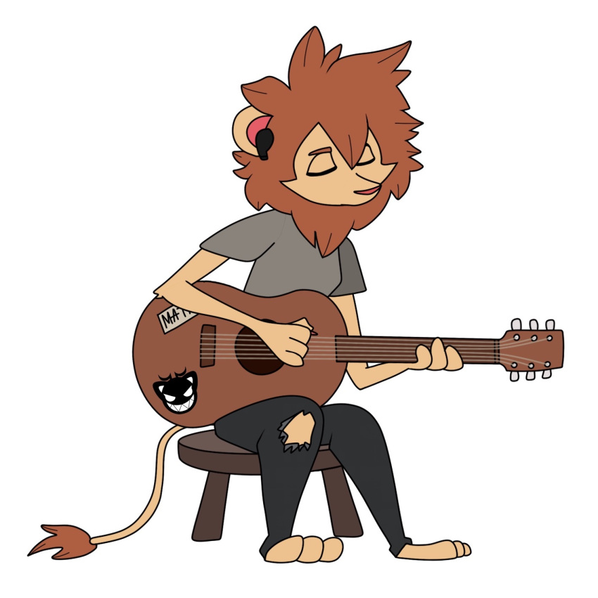 1:1 2020 anthro brown_hair brown_mane clothed clothing digital_drawing_(artwork) digital_media_(artwork) earbuds elbow_tufts eyes_closed felid fully_clothed fur furniture guitar guitar_pick hair headphones hi_res kennyoung lion male mammal mane matt_(scratch21) musical_instrument pantherine plucked_string_instrument scratch21 simple_background sitting solo sticker stool string_instrument tail_tuft text tuft white_background yellow_body yellow_fur