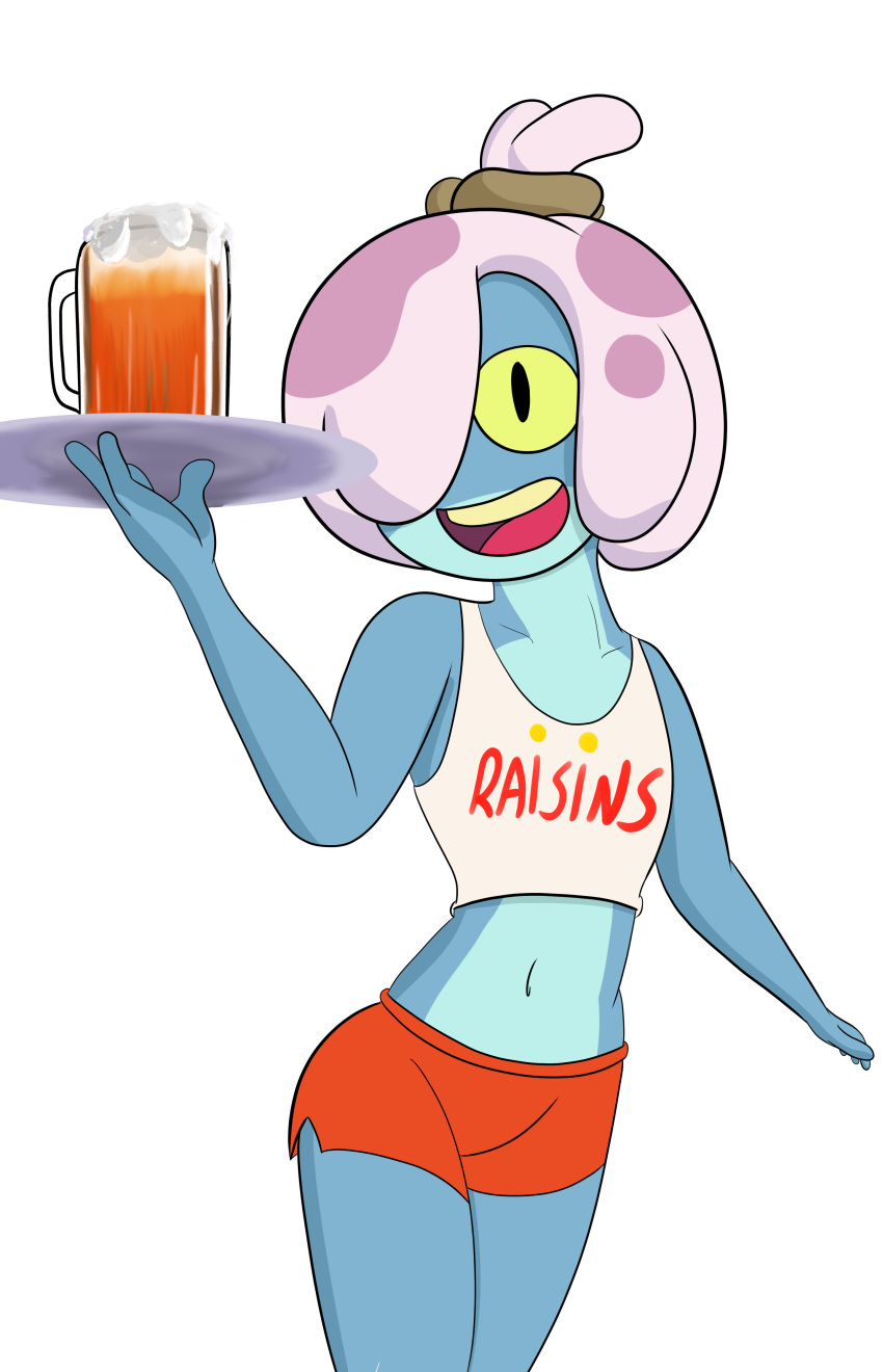 2021 absurd_res alcohol amphibia_(series) amphibian anthro beer beer_mug beverage bottomwear clothing comedy_central disney female flat_chested frog hi_res hooters_uniform hotpants kaze_(artist) looking_at_viewer maddie_flour open_mouth shirt shorts simple_background solo south_park tank_top teeth tongue topwear white_background young