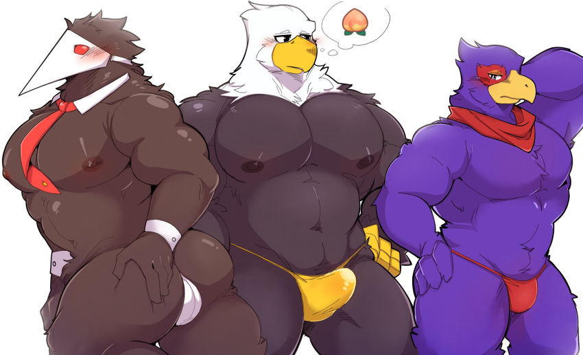 2021 abs accipitrid accipitriform animal_crossing anthro anthro_on_anthro apollo_(animal_crossing) avian bald_eagle beak big_bulge big_butt big_muscles bird blush bulge butt clothed clothing crossover darkner deltarune eagle erection erection_under_clothing falco_lombardi falcon falconid feathers food fruit hand_on_butt hi_res male male/male mask muscular muscular_anthro muscular_male navel neckerchief necktie nintendo nipples peach_(fruit) pecs pictographics plant pose sea_eagle seintaur simple_background standing star_fox swatchling_(deltarune) tenting thong thought_bubble undertale_(series) underwear video_games white_background