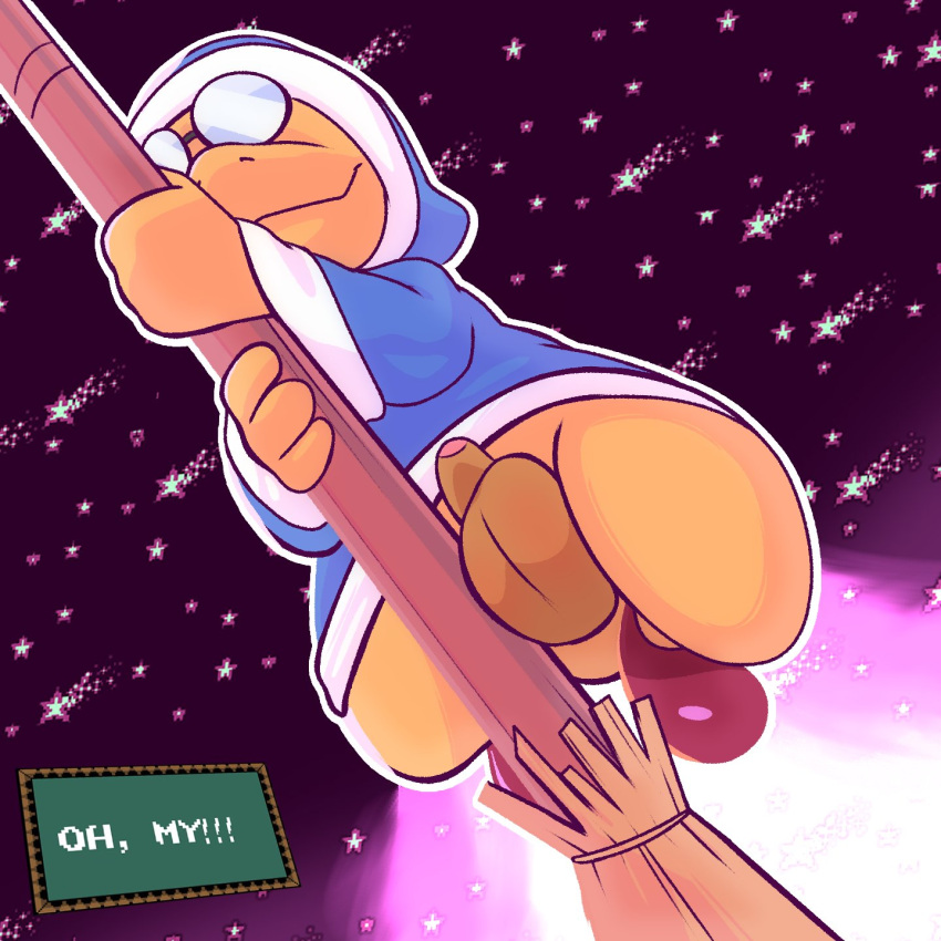 &lt;3 1:1 balls big_balls blue_robe bottomless broom broom_riding cleaning_tool clothed clothing cosmic_background crushpepper cute_fangs dialogue english_text eyewear fangs flaccid genitals glasses hi_res kamek koopa low-angle_view magikoopa male mario_bros nintendo penis robe scalie solo star starry_background text upskirt video_games worm's-eye_view yellow_body yellow_penis yellow_skin