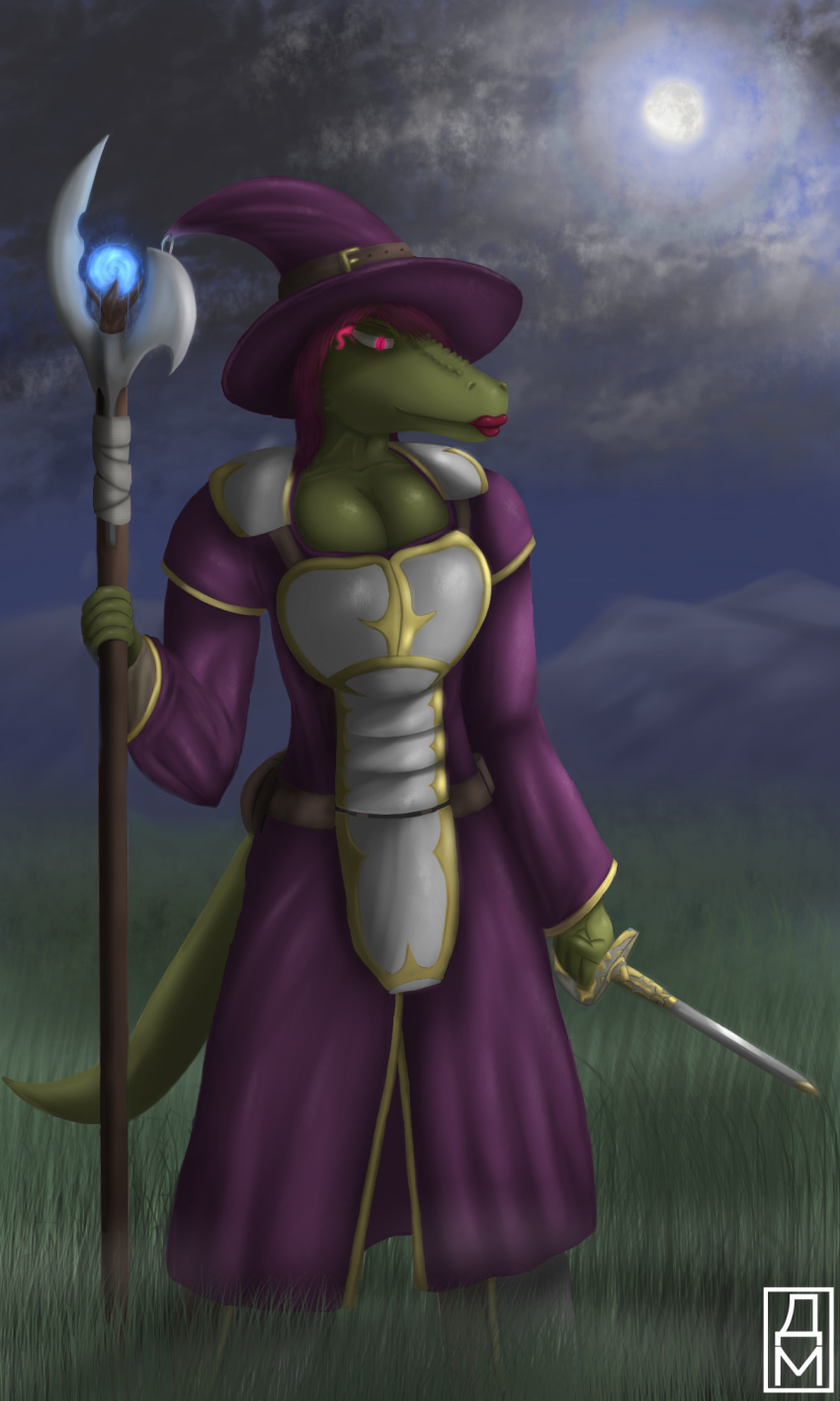 3:5 alligator alligatorid anthro big_breasts breasts cleavage clothed clothing crocodilian daxmarko female hair hi_res light magic_user magic_wand melee_weapon moon moonlight reptile scalie signature smile solo sword weapon
