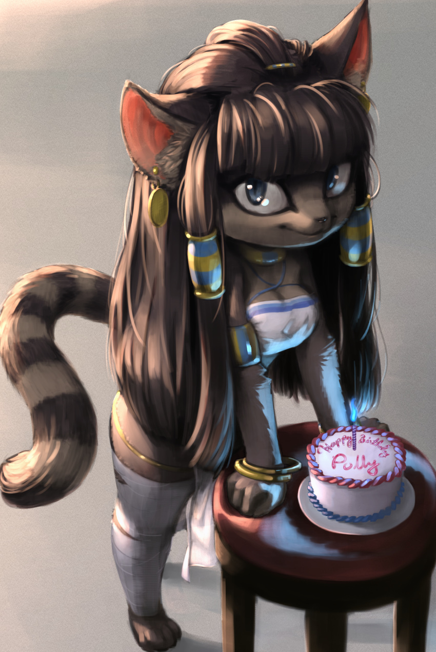 2021 absurd_res anthro biped birthday_cake bracelet cake candle clothing dessert digital_media_(artwork) domestic_cat felid feline felis fingers food fur furniture grey_background grey_body grey_fur grey_hair grey_tail hair hi_res jewelry legwear long_hair long_tail looking_at_viewer mammal markings napalm_express pupils ring_(marking) ringtail simple_background slit_pupils smile solo standing stockings table tail_markings thigh_highs two_tone_tail