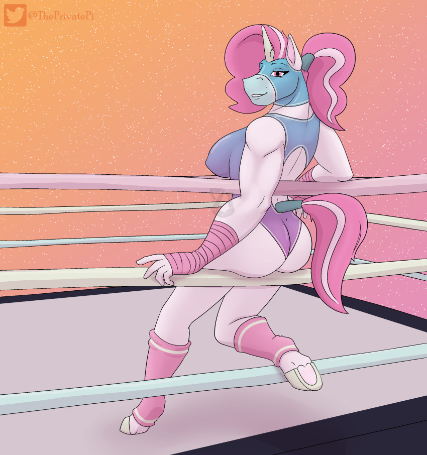 absurd_res anthro athletic athletic_female big_breasts breasts butt butt_pose clothed clothing equid equine female fighting_ring hair hi_res horn looking_back mammal pose simple_background solo unibro_pi unicorn wrestling_singlet