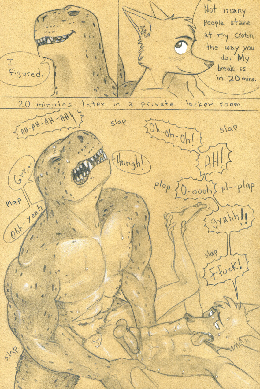absurd_res anal anal_penetration anthro balls canid canine canis comic coyote english_text genitals hi_res leopard_seal male male/male mammal marine penetration penis pinniped seal text tongue tongue_out tush until_they_like_it