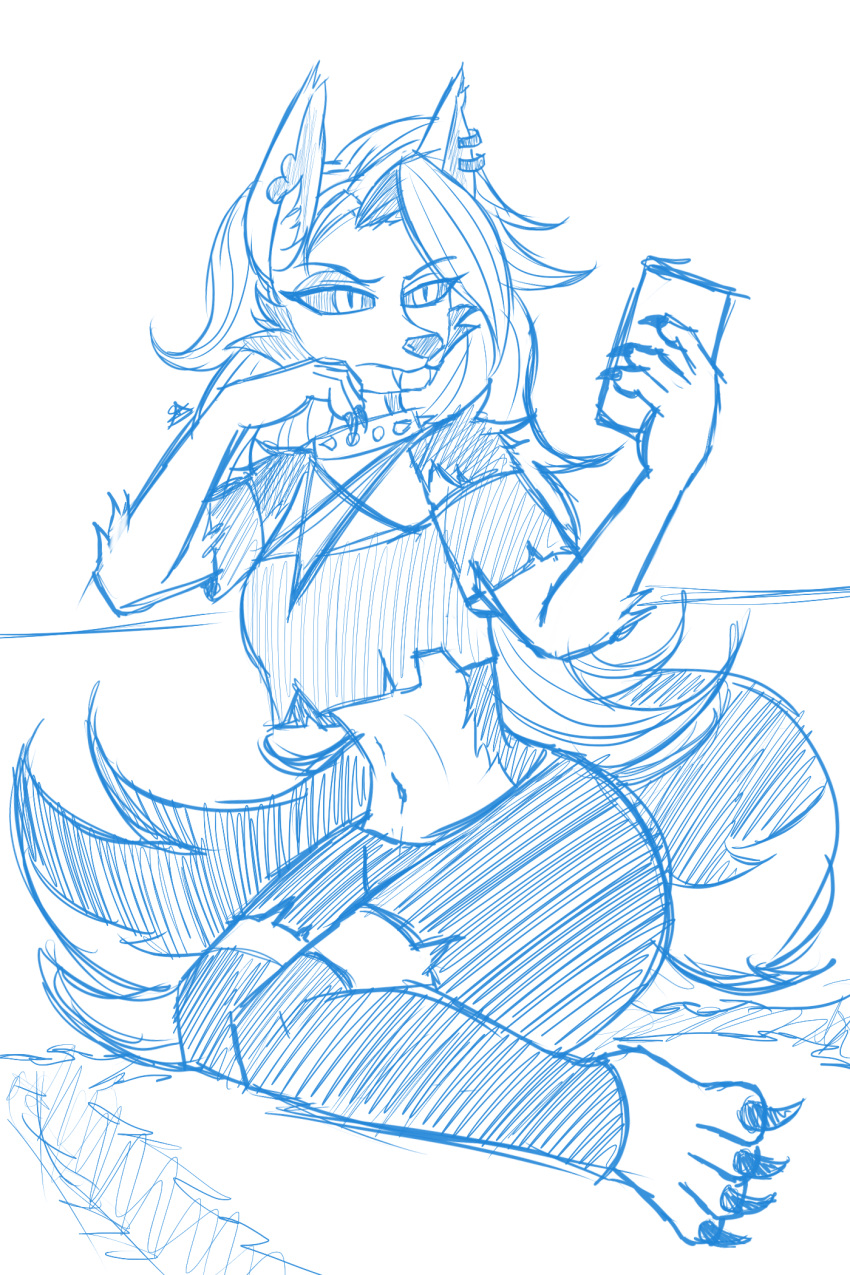 2:3 anthro blue_and_white bottomwear canid canid_demon clothing collar demon ear_piercing ear_ring female fur hair hellhound helluva_boss hi_res long_hair loona_(helluva_boss) mammal monochrome piercing shorts sketch solo spiked_collar spikes topwear zachc