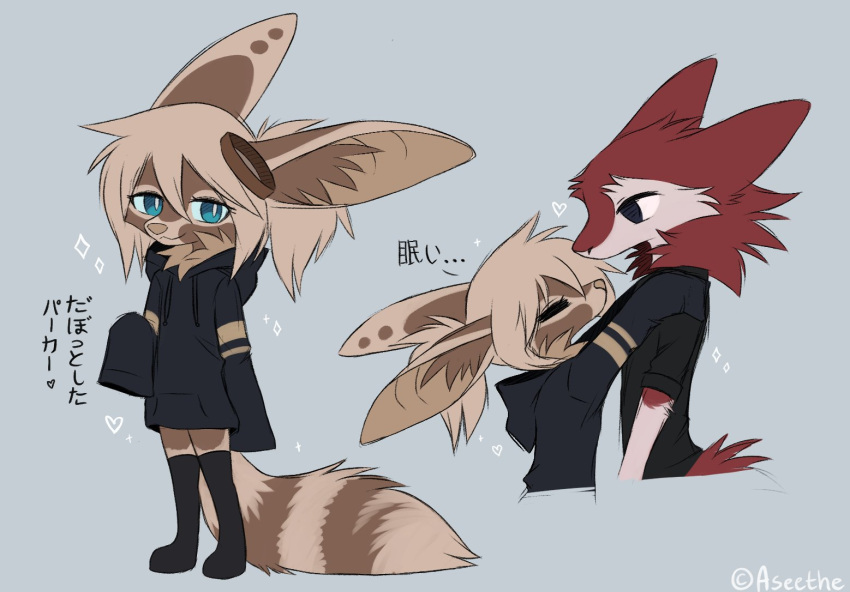 &lt;3 2021 anthro aseethe blue_eyes brown_body brown_fur canid canine cassius_(oldmancassius) clothed clothing digital_media_(artwork) duo fennec fox fur grey_background hoodie japanese_text looking_at_viewer mammal melody_(aseethe) red_body red_fur sergal signature simple_background sleeves_past_wrists smile sparkles text topwear translated