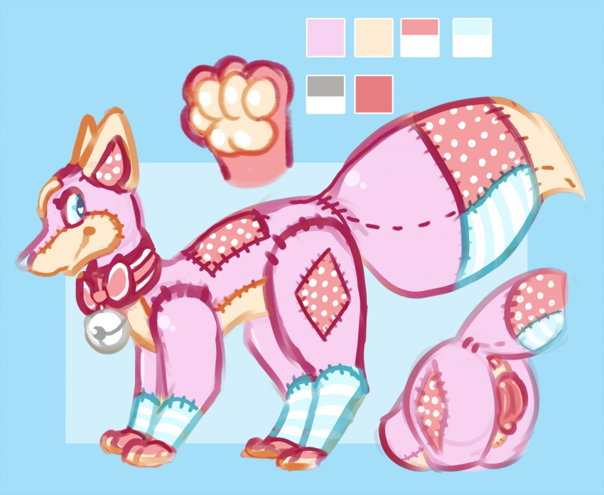 anatomically_correct anatomically_correct_genitalia anatomically_correct_pussy animal_genitalia animal_pussy animate_inanimate bell big_tail blue_background blue_eyes canid canine canine_pussy collar female feral fox genitals living_plushie mammal model_sheet patch_(fabric) pawpads paws pink_body plushie pocketpaws polka_dots pussy seam_(sewing) simple_background solo stitch_(sewing) striped_body stripes velvet_(schattenflamme) yellow_body