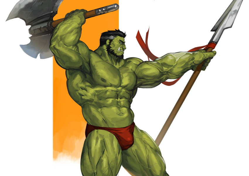 2021 5_fingers absurd_res axe barazoku beard big_muscles black_hair briefs bulge clothed clothing facial_hair fingers green_body green_nipples green_skin hair hi_res huge_muscles humanoid humanoid_hands male melee_weapon muscular muscular_humanoid muscular_male nipples not_furry orc polearm simple_background solo spear standing topless traver009 tusks underwear veiny_muscles weapon