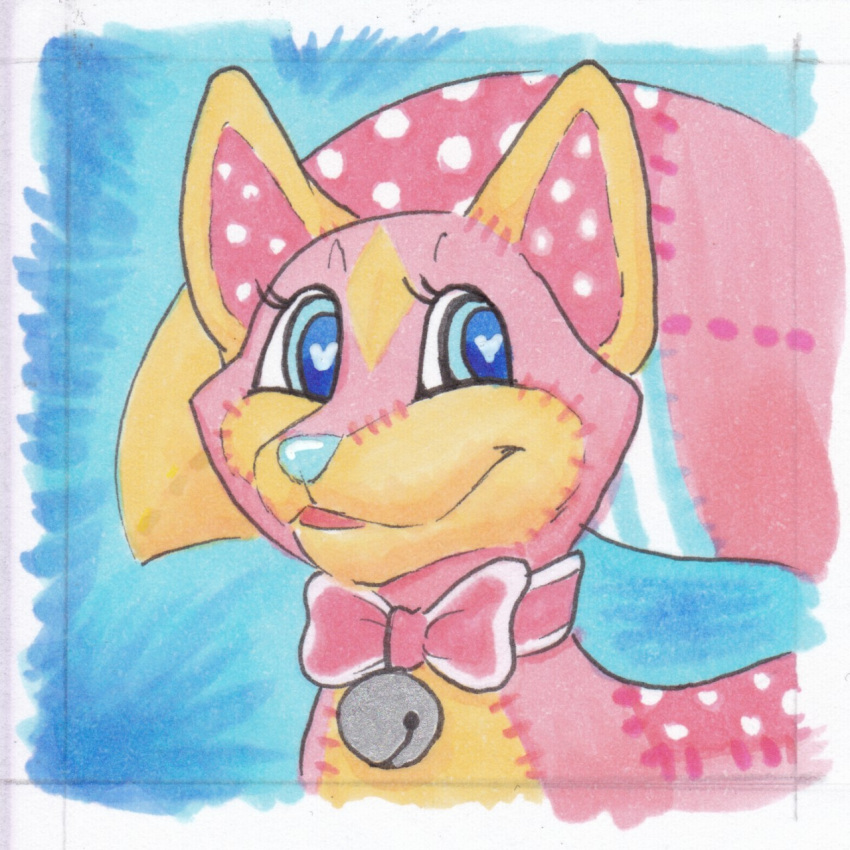 &lt;3 &lt;3_eyes 1:1 ambiguous_gender animate_inanimate bell big_tail blue_background blue_eyes blue_nose bow_tie canid canine collar eyelashes feral fox headshot_portrait hi_res living_plushie mammal patch_(fabric) pink_body plushie polka_dots portrait seam_(sewing) simple_background solo velvet_(schattenflamme) white_background ziona_(artist)
