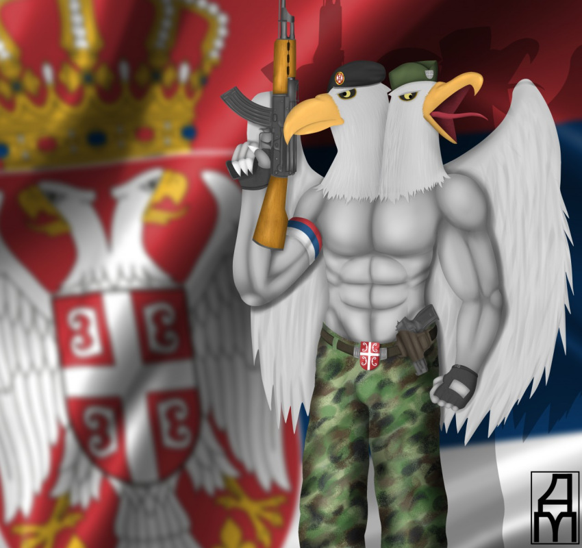 2_heads accipitrid accipitriform anthro avian bird bottomwear clothed clothing daxmarko eagle flag flag_background gun hat headgear headwear hi_res male military military_cap multi_head open_mouth pants ranged_weapon solo tongue tongue_out topless topless_male weapon