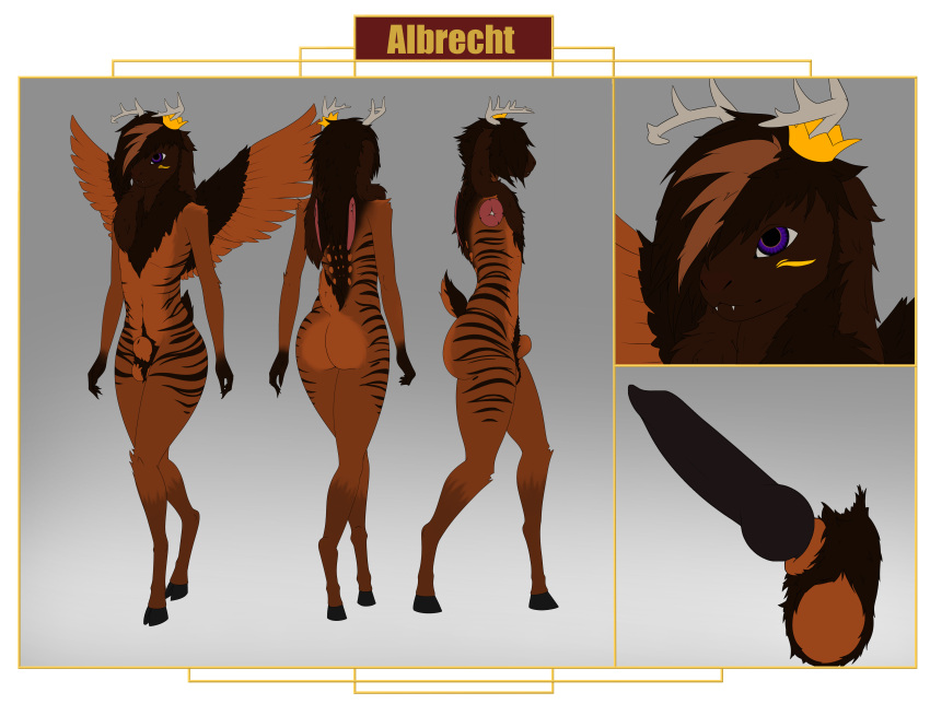 absurd_res albrecht alpha_channel animal_genitalia animal_penis anthro balls butt canine_penis chest_tuft crown digital_media_(artwork) erection fur genitals girly hair hi_res hooves horn horn_jewelry humanoid hybrid knot male markings model_sheet nude penis pubes simple_background solo sparky- spread_wings striped_markings stripes tuft wings