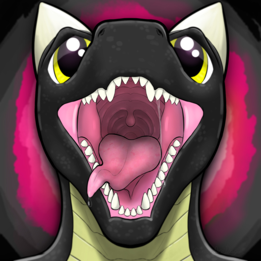 1:1 ambiguous_gender anthro black_body bodily_fluids carbonicedragon dripping hi_res kobold looking_at_viewer mouth_shot open_mouth saliva saliva_drip scalie solo teeth tongue