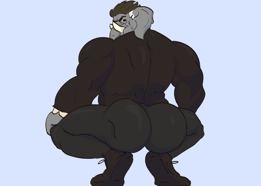 2021 absurd_res anthro back_muscles bartholomew_martins biceps big_butt biped black_hair boxedbread broly_culo butt clothed clothing colored crouching digital_drawing_(artwork) digital_media_(artwork) elephantid eyewear footwear glasses grey_body grey_skin hair hi_res hot_milk_pose huge_butt looking_at_viewer looking_back male mammal mature_(disambiguation) mature_male meme muscular muscular_anthro muscular_arms muscular_butt muscular_male muscular_thighs pachyderm proboscidean rear_view shaded shoes simple_background solo thick_thighs tight_clothing topwear trunk tusks