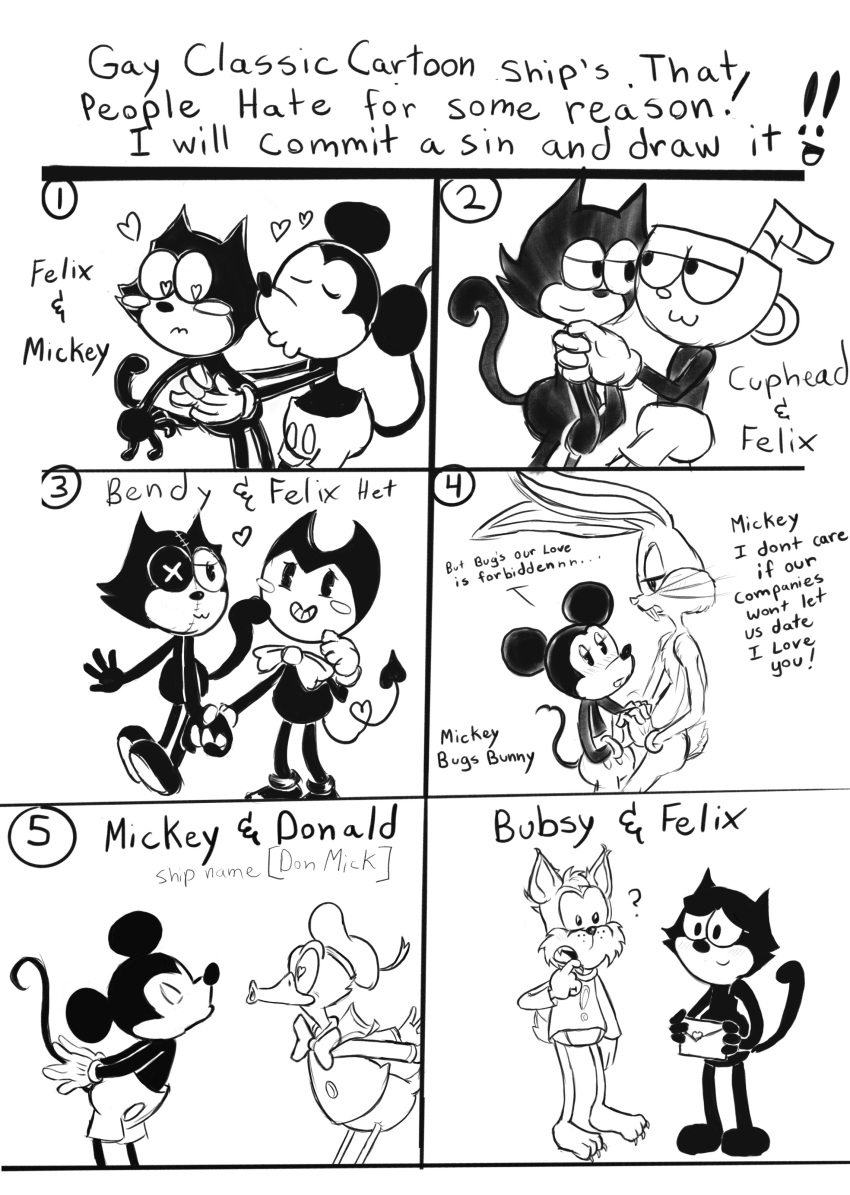 absurd_res anthro bendy_and_the_ink_machine bendy_the_dancing_demon bubsy bubsy_(series) bubsy_bobcat bugs_bunny cuphead_(character) cuphead_(game) disney domestic_cat donald_duck english_text felid feline felis felix_the_cat felix_the_cat_(series) hand_holding heart_reaction hi_res looney_tunes male male/male mammal mickey_mouse monochrome mouse murid murine rodent selbarm text video_games warner_brothers