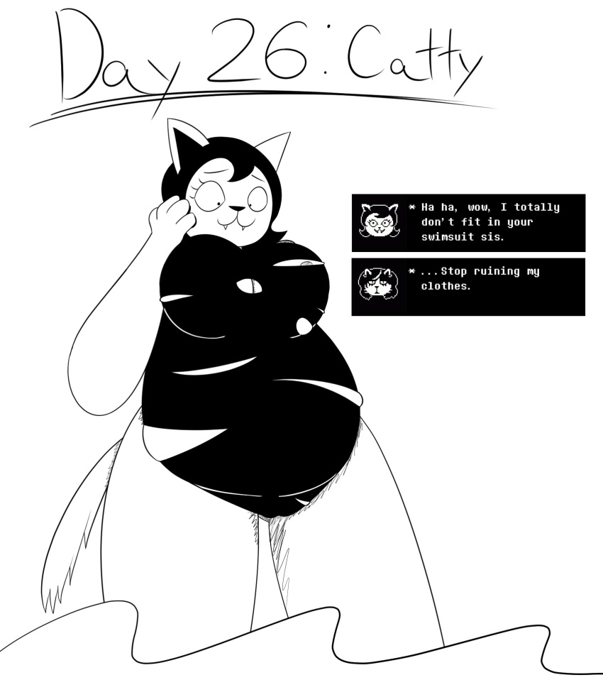 2021 anthro black_and_white breasts camel_toe catti_(deltarune) catty_(undertale) clothed clothing deltarune dialogue domestic_cat duo english_text felid feline felis female hi_res himitsu mammal monochrome one-piece_swimsuit overweight overweight_anthro overweight_female solo_focus swimwear text torn_clothing undertale_(series) video_games wardrobe_malfunction