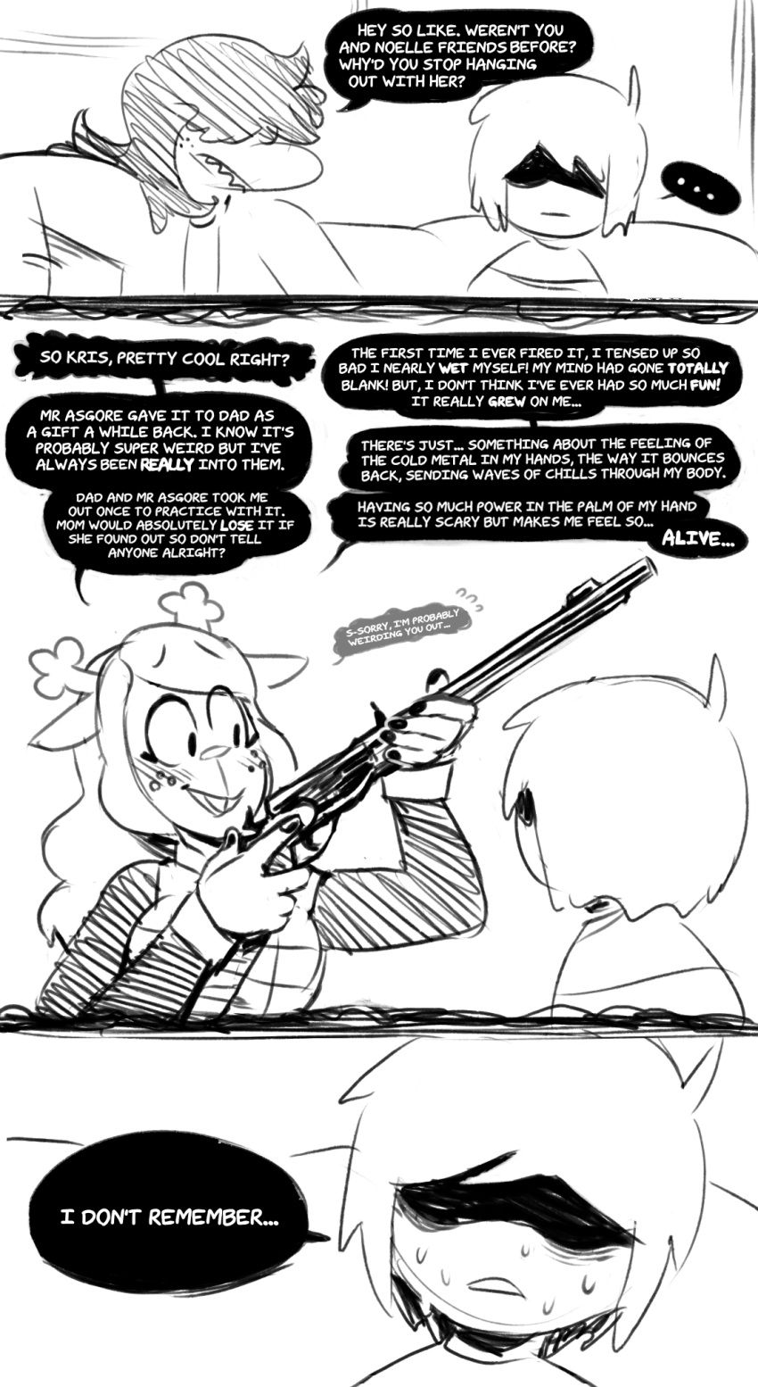 ambiguous_gender anthro antlers blush bodily_fluids capreoline cervid clothing comic deltarune dialogue english_text female freckles gun hair hair_over_eyes hi_res horn human humanoid kris_(deltarune) long_hair mammal monochrome noelle_holiday ranged_weapon reindeer reptile rifle scalie sketch speech_bubble sunibee susie_(deltarune) sweat sweater text topwear undertale_(series) video_games weapon