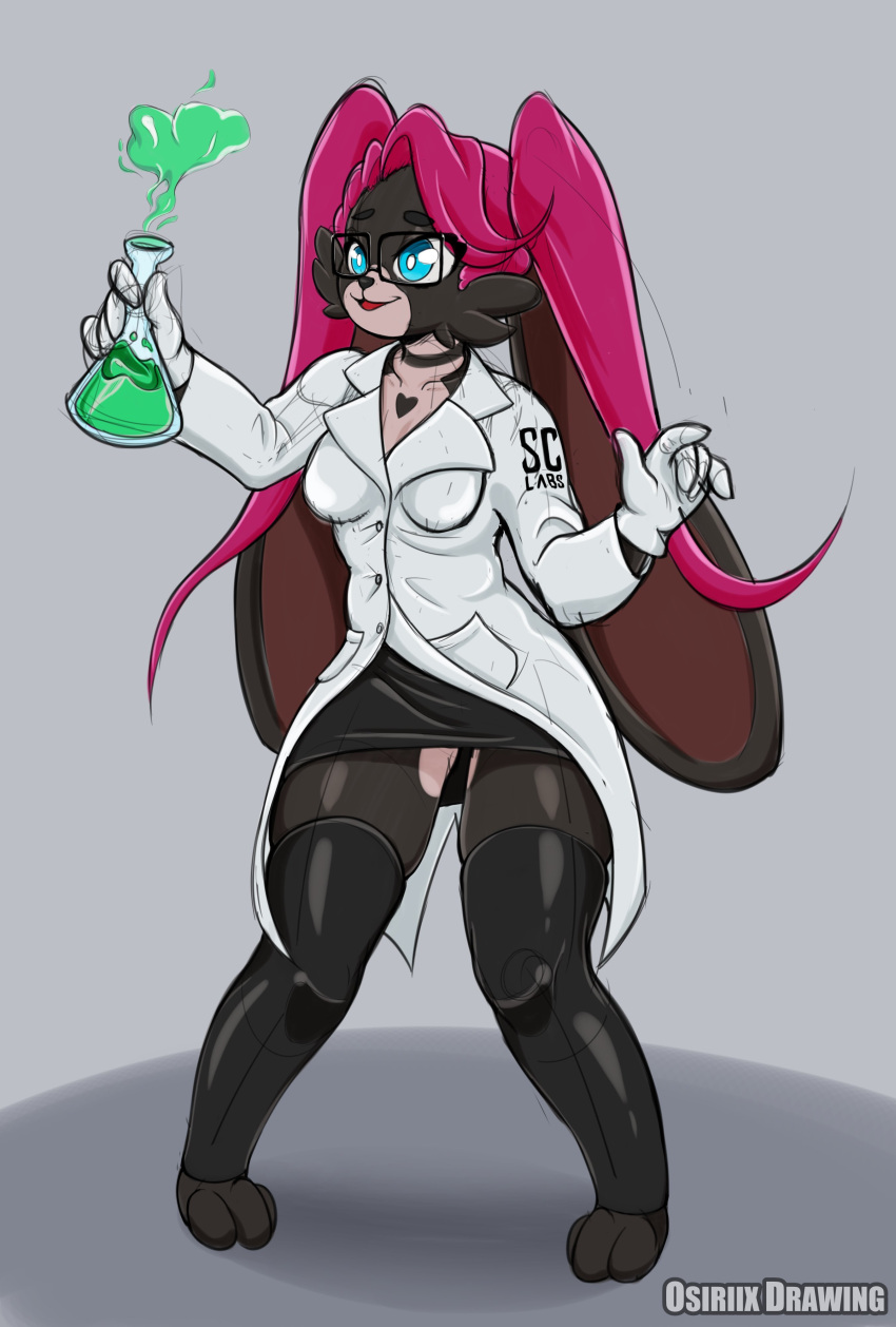 &lt;3 absurd_res anthro beaker big_ears black_body black_bottomwear black_clothing black_fur black_legwear black_skirt black_thigh_highs blue_eyes bottomwear choker chris_the_scientist clothing coat eyewear female fur glasses gloves green_liquid handwear hi_res jewelry lab_coat laboratory_equipment laboratory_glassware lagomorph legwear magenta_hair mammal multicolored_body multicolored_fur necklace osiriix scientific_instrument simple_background skirt smile solo thigh_highs topwear two_tone_body two_tone_fur watermark