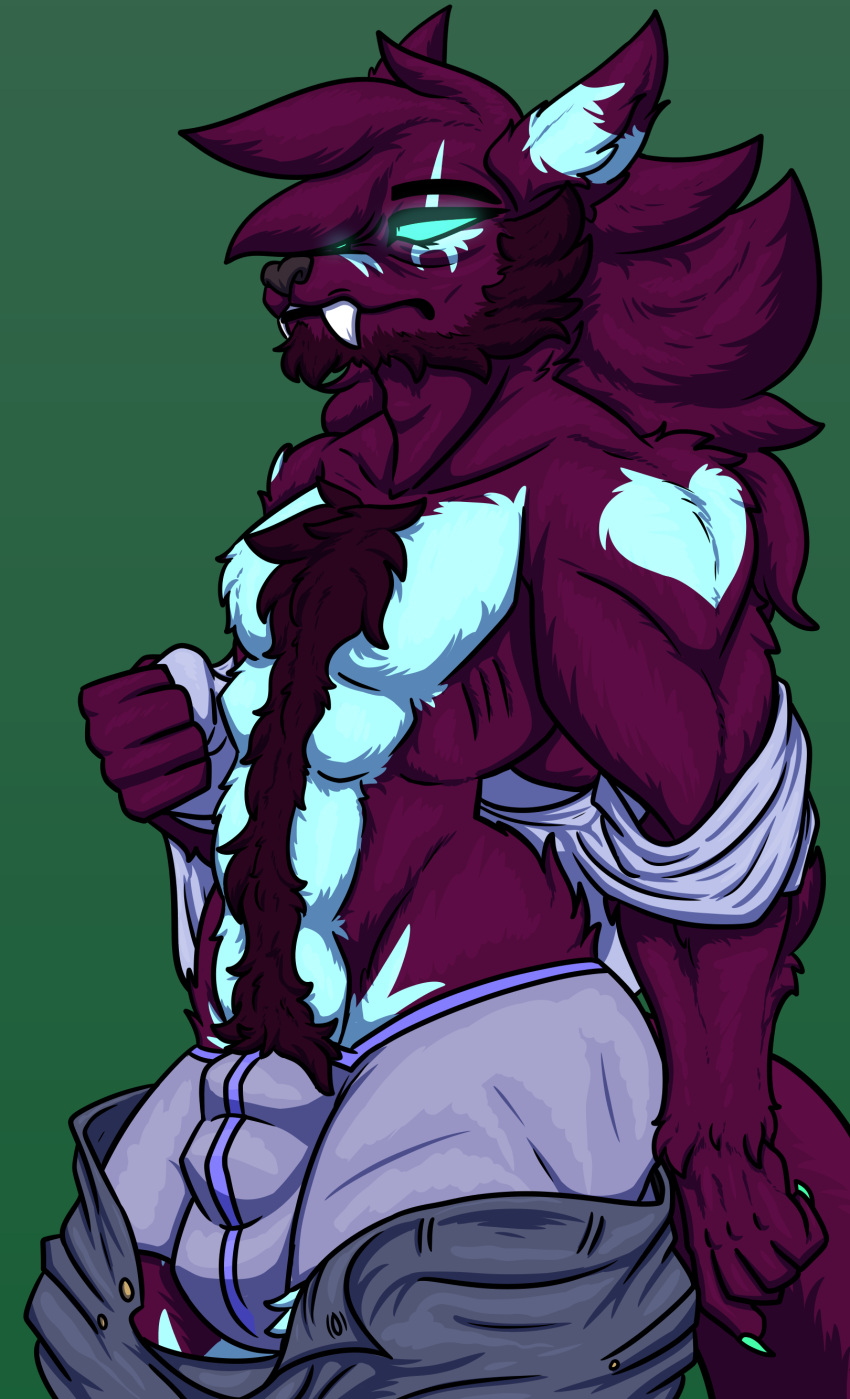 absurd_res anthro bulge canid canine canis clothed clothing digital_media_(artwork) hair hi_res male mammal muscular muscular_male redgreenfluffball simple_background solo underwear undressing wolf zach_snowfox