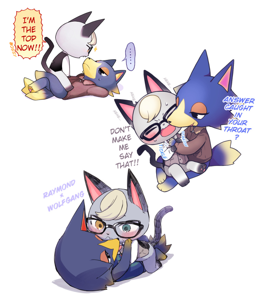 animal_crossing anthro blep blonde_hair blue_body blue_fur blush bodily_fluids canid canine canis crossed_legs dialogue domestic_cat duo english_text eyewear felid feline felis fur glasses grey_body grey_fur hair heterochromia hi_res laugh male mammal nintendo nobinolife on_lap pawpads raymond_(animal_crossing) sitting_on_lap smile sweat text tickling tongue tongue_out video_games wolf wolfgang_(animal_crossing)