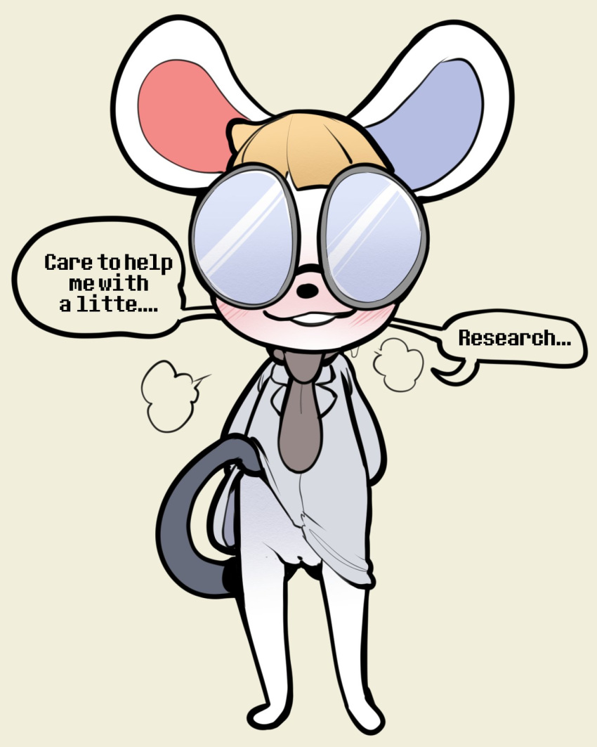 2021 4:5 animal_crossing anthro blush bottomless clothed clothing clothing_lift dialogue english_text eyewear female front_view full-length_portrait genitals glasses grin hi_res itsunknownanon mammal mouse murid murine necktie nintendo obscured_eyes petri_(animal_crossing) portrait presenting presenting_pussy pussy rodent shirt shirt_lift smile solo text topwear video_games