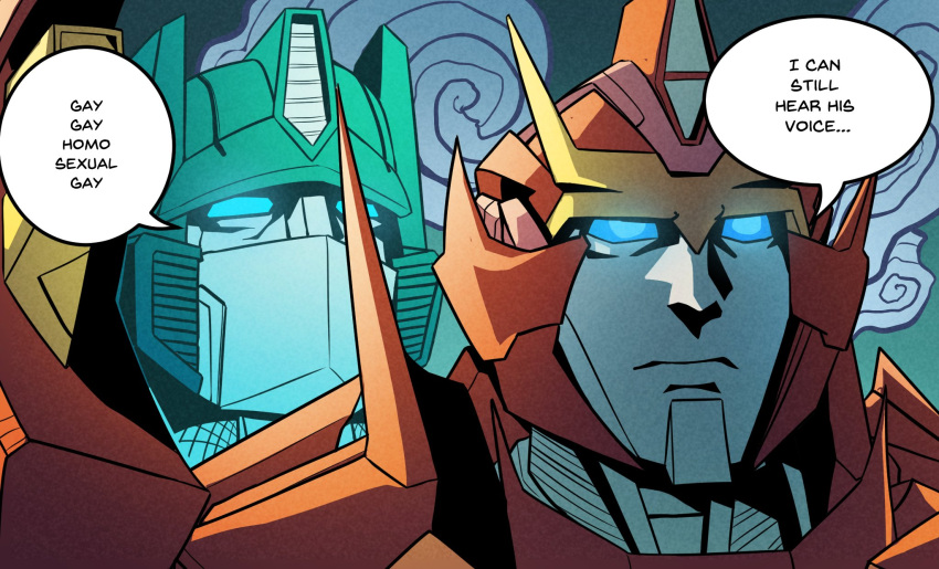 2021 anthro autobot blue_eyes cybertronian duo english_text glowing glowing_eyes hasbro hi_res humanoid humor i_can_still_hear_his_voice machine male meme not_furry optimus_prime parody robot rodimus scorchle speech_bubble takara_tomy text transformers